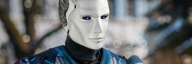 Close-up of a futuristic humanoid robot with metallic armor and blue LED eyes.