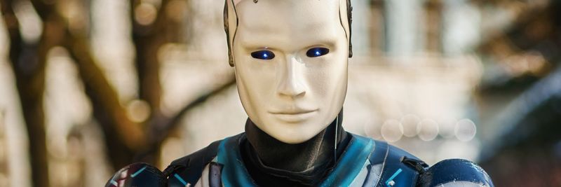 Close-up of a humanoid robot with a futuristic design posing outdoors.