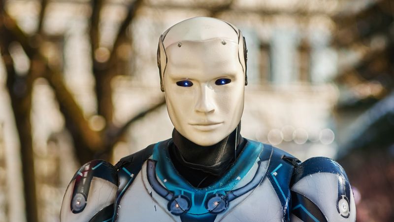 Close-up of a humanoid robot with a futuristic design posing outdoors.