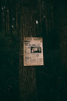 Fantasy newspaper poster affixed to tree in dark, mystical forest setting.