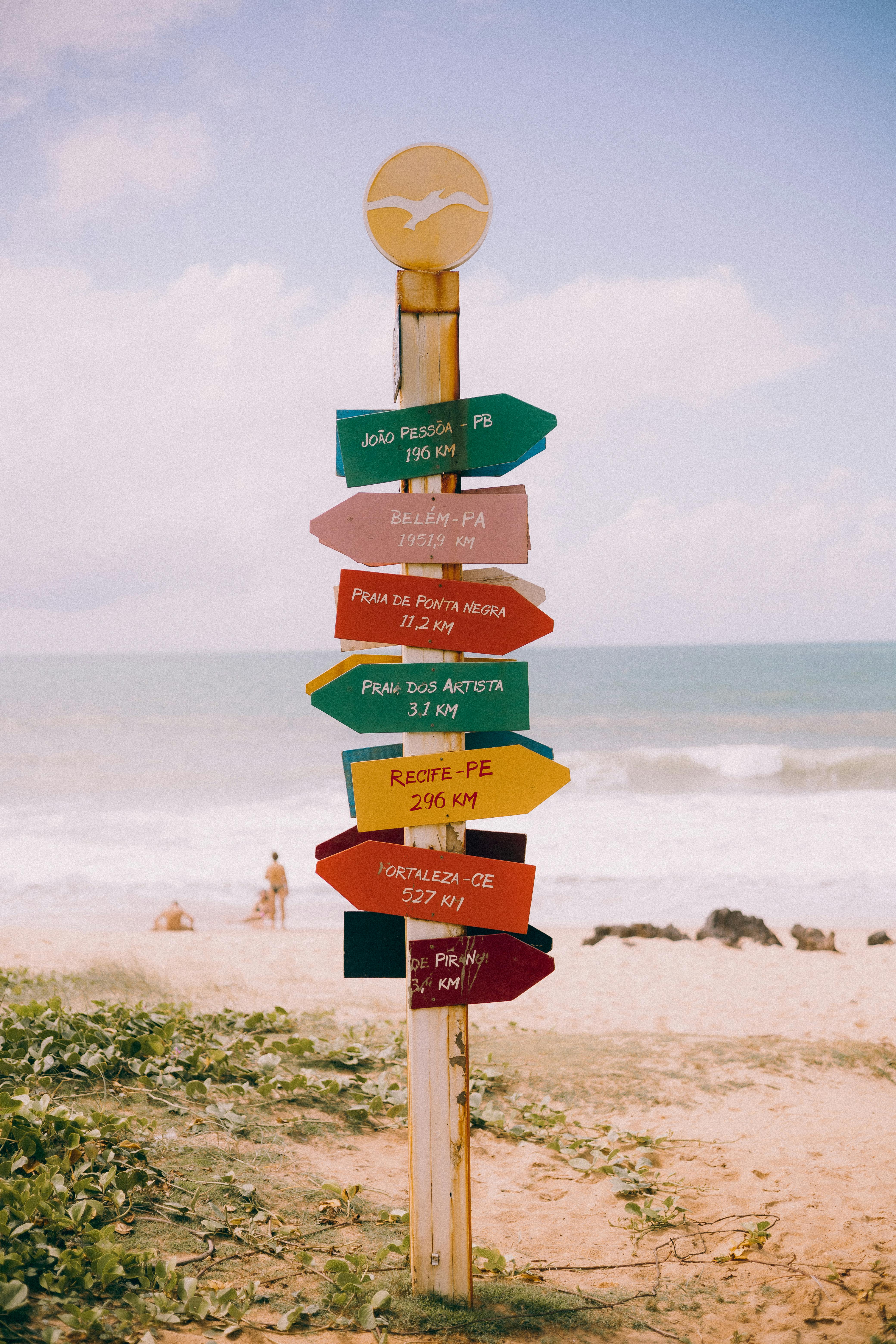 A vibrant signpost on a sandy beach with ocean view, ideal for travel content.