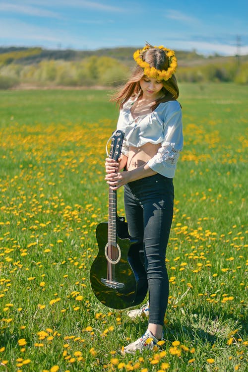 Kostnadsfri bild av akustisk gitarr, äng, blommor
