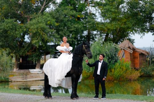 Free Bride in a wedding dress on a horse, groom holding reins, rural setting. Stock Photo