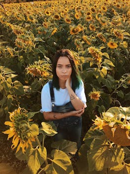 日落时分，一位年轻女子站在生机勃勃的向日葵田里，捕捉着大自然的美丽