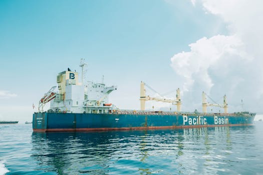 Cargo ship Pacific Basin navigating calm waters under a cloudy sky.