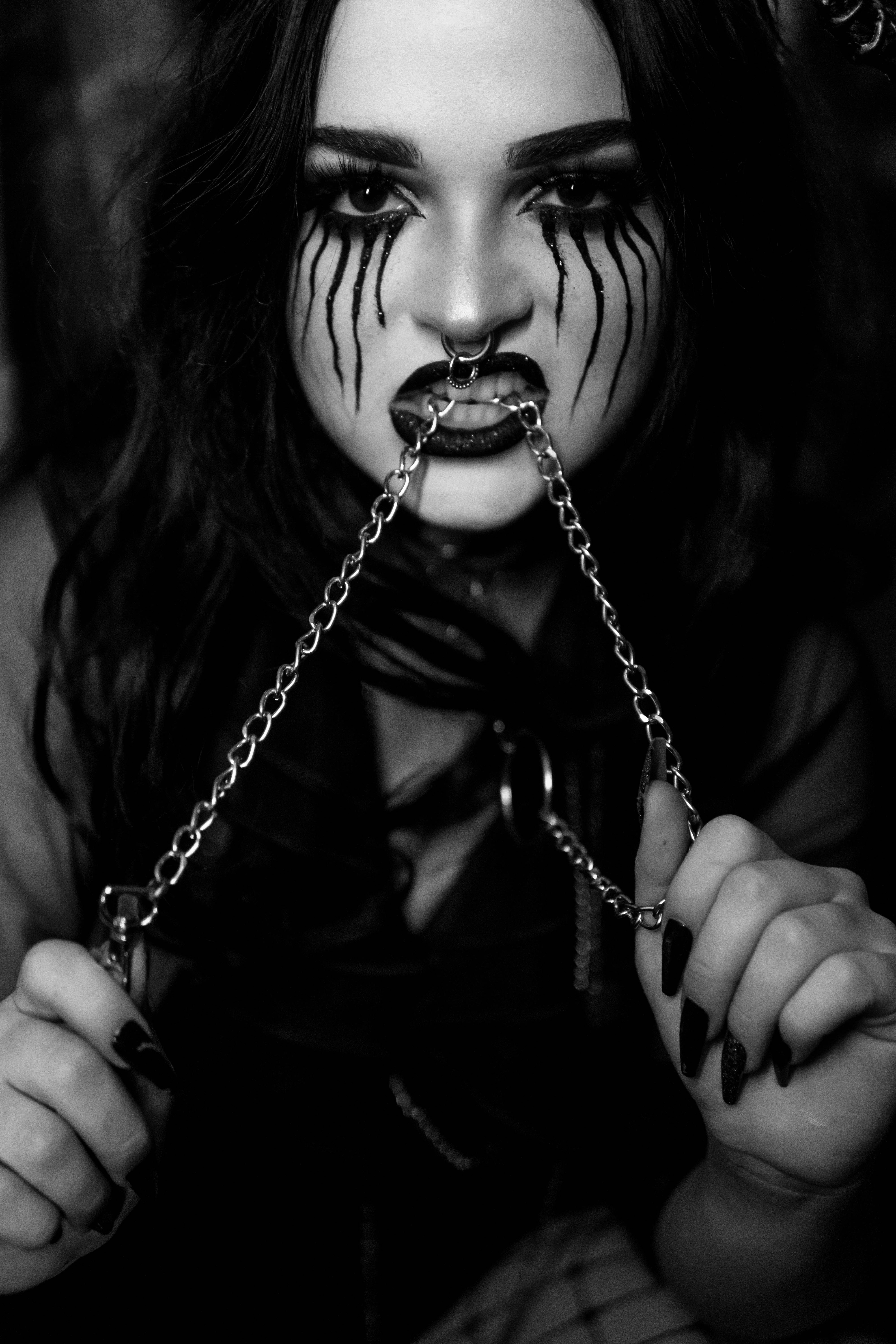 Black and White Shot of a Woman Wearing a Goth Makeup · Free Stock Photo