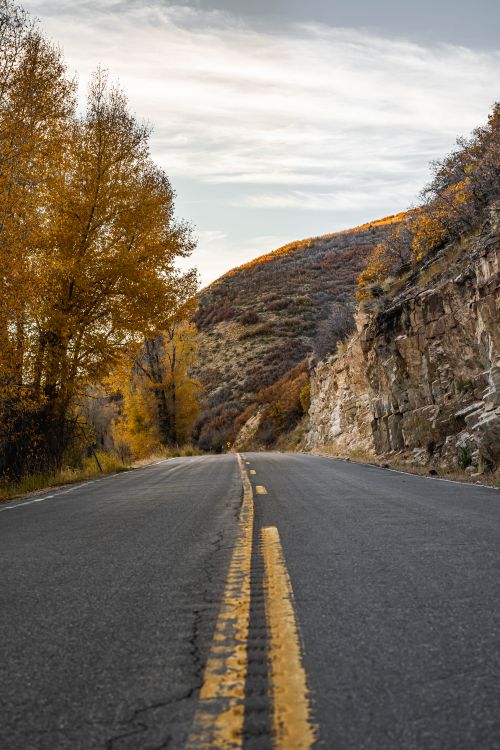 Free A picturesque rural road with fall foliage and distant hills. Stock Photo