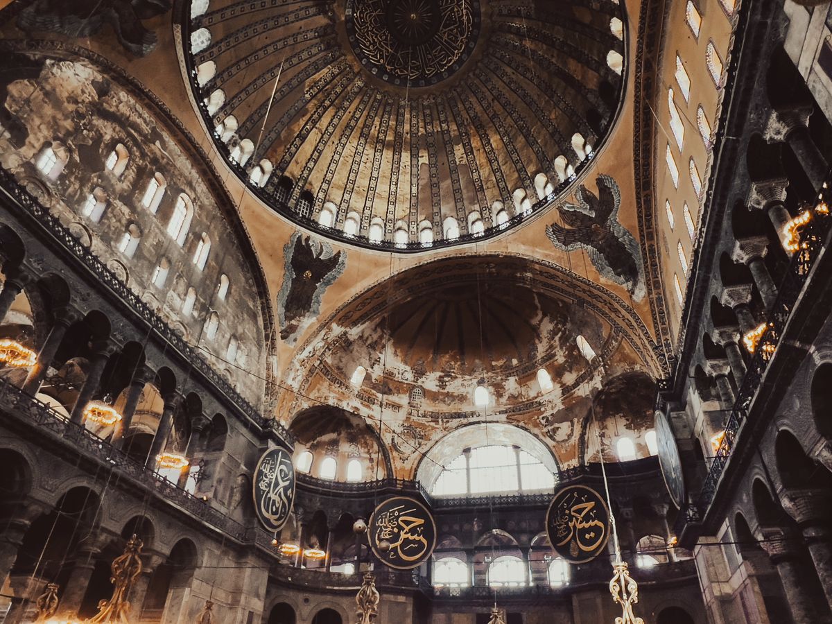 The great dome and calligraphic roundels inside Hagia Sophia, Istanbul