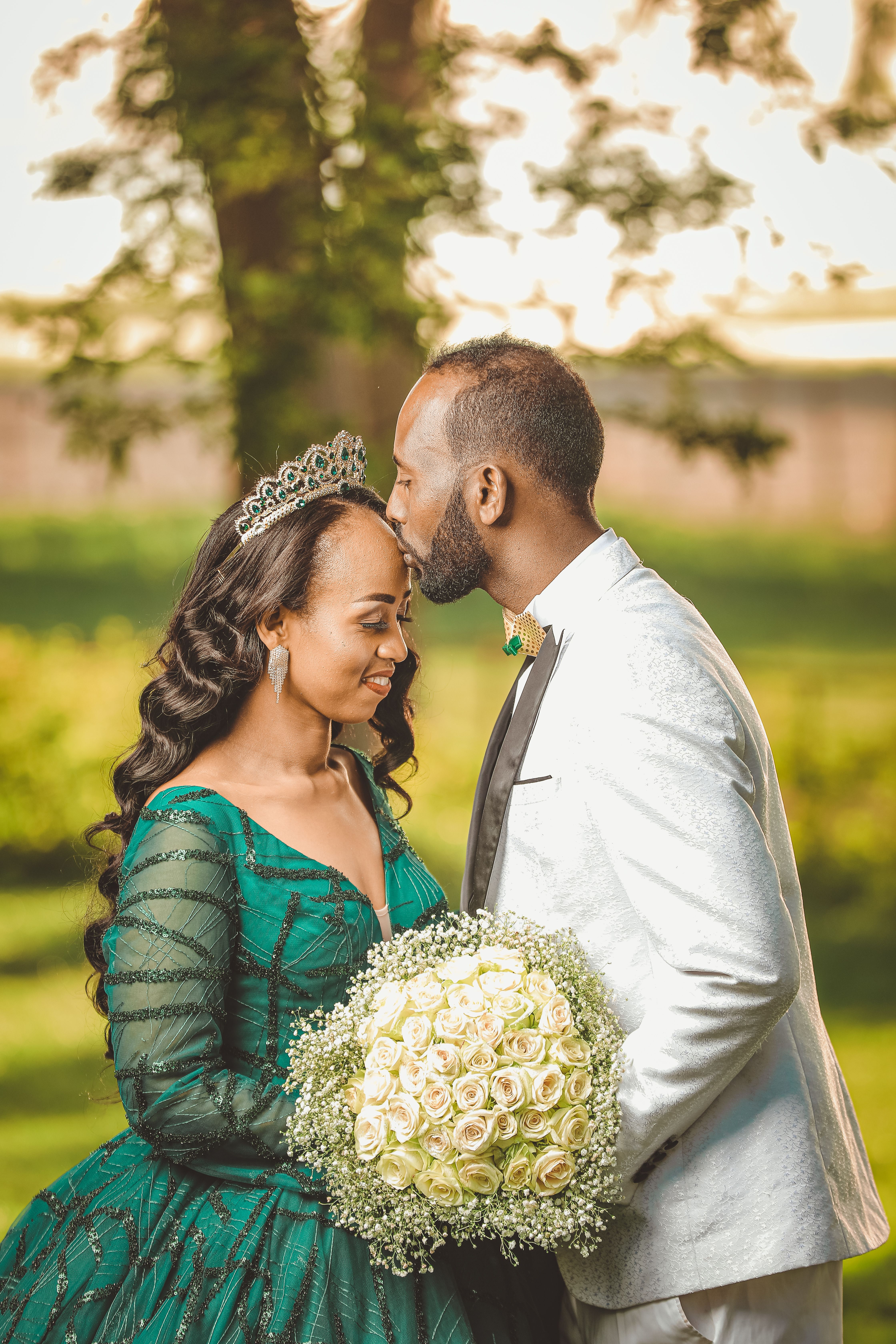 Bride in Tiara and Emerald Green Wedding Dress  Free Stock Photo