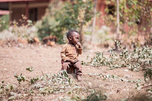 Little Child Sitting Among Leaves on Dry Land