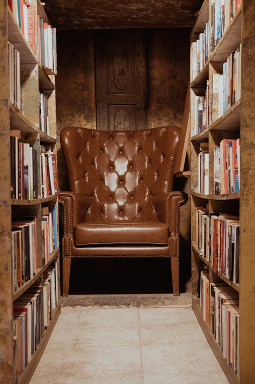 Cozy Brown Leather Armchair between Bookcases