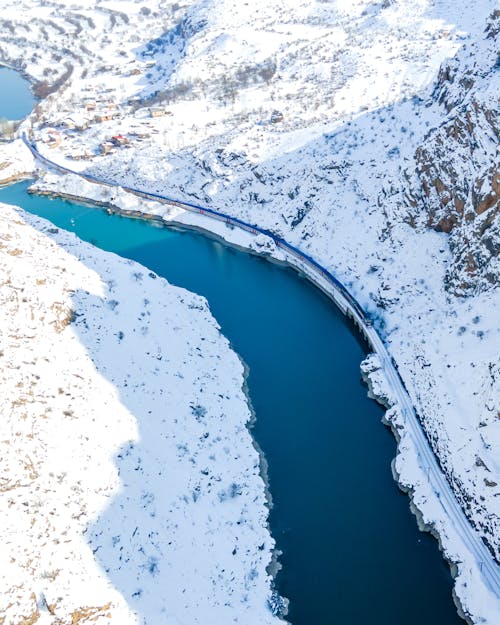 Clean Blue River Among Snow