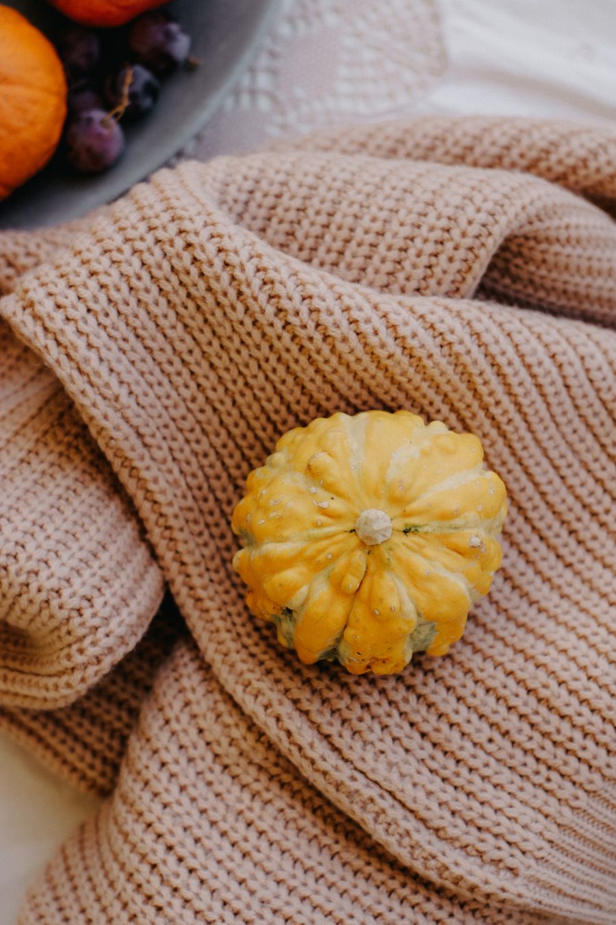 Pumpkin arranged on a warm knitted fall blanket