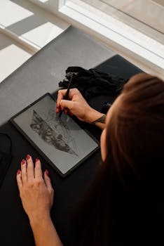 An artist draws a geometric wolf illustration on a digital tablet in a bright sunlit space for creative design.