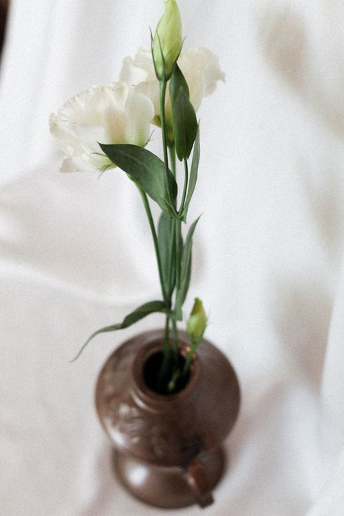 Free Elegant white flowers in a detailed brown vase on a soft background. Stock Photo