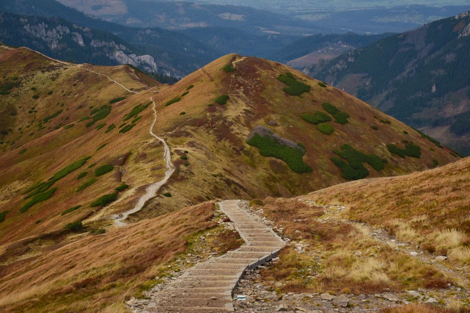 A winding hiking trail through the picturesque High Tatras mountains, perfect for outdoor adventures.