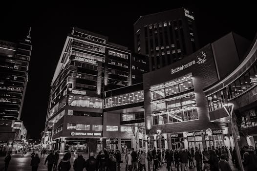 黑白城市街景在夜间呈现，以现代建筑和人群为特色