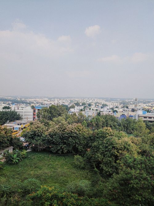 Free Aerial view of a vibrant city with lush greenery in the foreground and a hazy skyline. Stock Photo