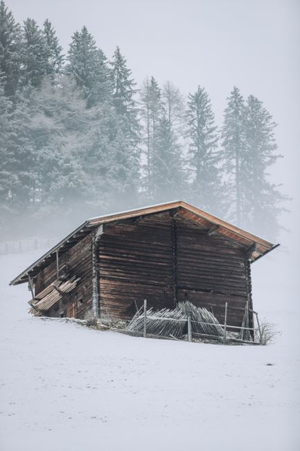 A rustic wooden cabin stands amid a snowy forest, evoking tranquility and isolation.