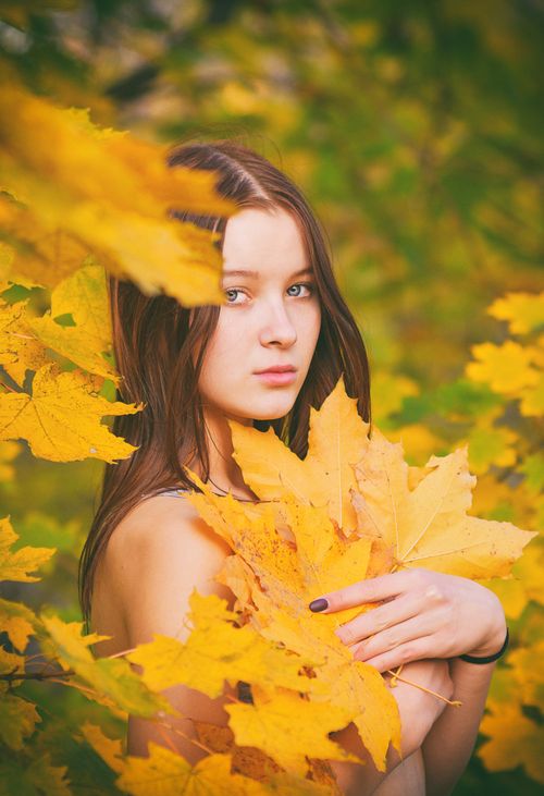 Free A young woman poses with vibrant yellow autumn leaves in an outdoor setting, evoking seasonal warmth and natural beauty. Stock Photo