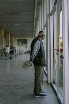 Senior man holding a newspaper, gazing out of large windows in an airport terminal.