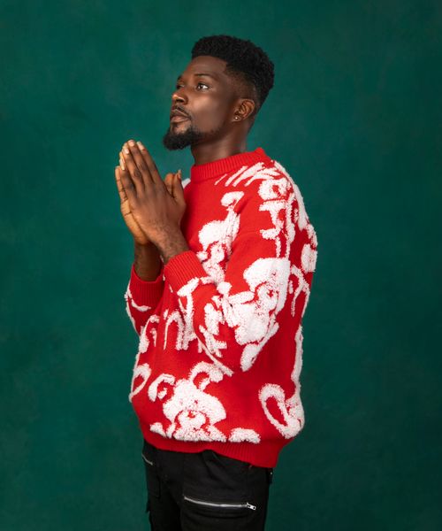 Free Studio portrait of a man in a red patterned sweater posing against a green background. Stock Photo