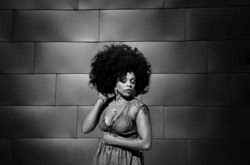 Woman with Afro Hairdo Posing in Denim Dress