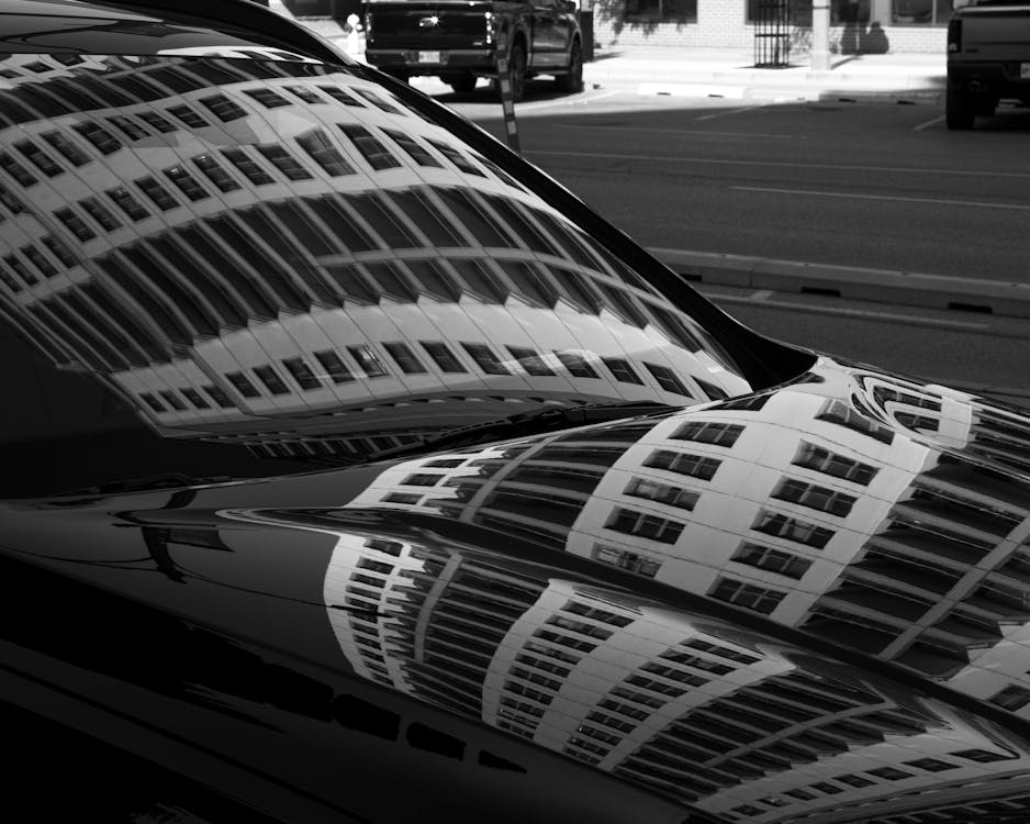 Free stock photo of black and white, building, car