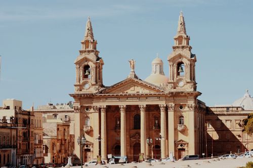 Free Saint Publius Church in Valletta, Malta showcasing neoclassical architecture and religious history. Stock Photo