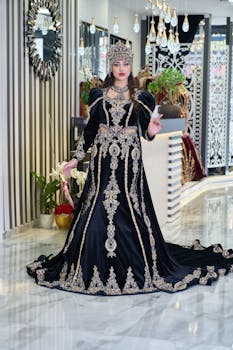 A woman in an elegant traditional Turkish gown adorned with intricate embroidery in a luxurious indoor setting.
