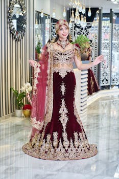 A woman wearing an intricate, gold-embroidered traditional dress in a luxurious indoor setting in İzmir, Türkiye.