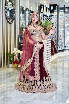 A bride elegantly poses in a luxurious traditional kaftan inside a chic fashion boutique.