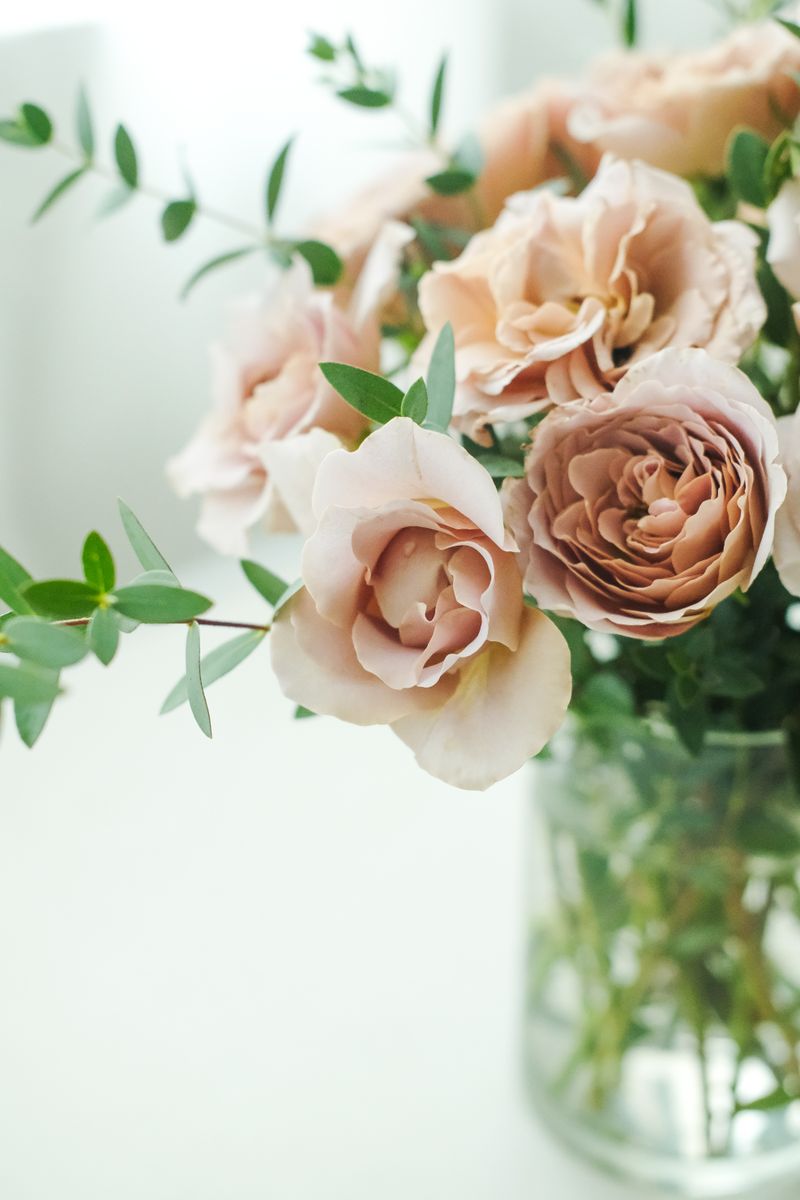A lush bouquet of blush garden roses in a glass vase