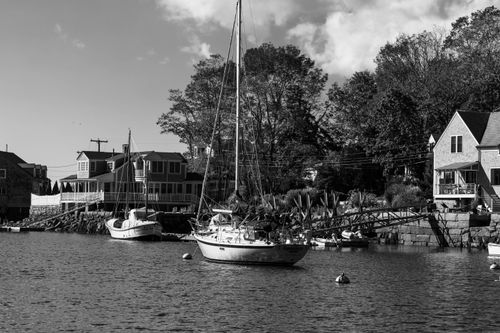 Free Black and white photo of sailboats docked by waterfront houses under a bright sky. Stock Photo