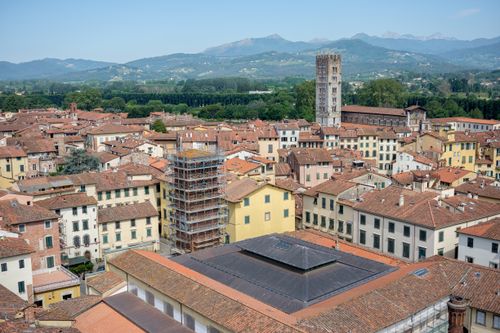 Free Panoramic aerial view of Lucca, Tuscany showcasing historic architecture and scenic landscapes. Stock Photo