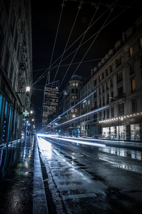 City Street Wet with Rain at Night