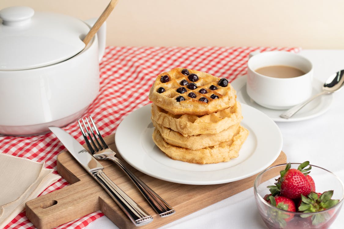 Free Waffles with Berries on Plate on Tray Stock Photo