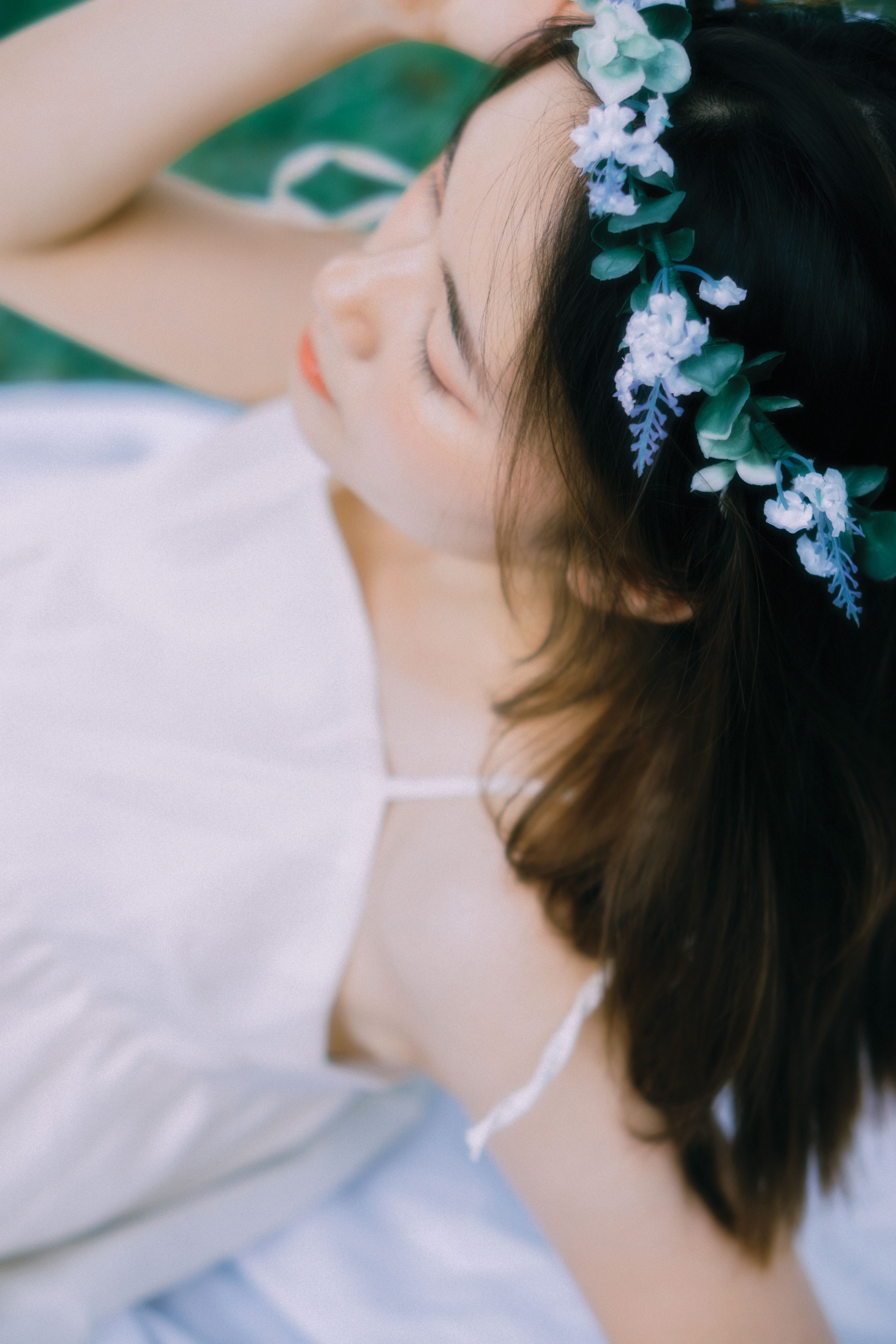 Young Woman in a White Dress and a Flower Crown Sitting Outside · Free ...