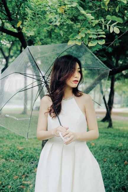 Young woman in white dress holding a transparent umbrella in a lush green park.