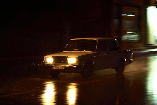 Classic car moving through rainy city street at night.