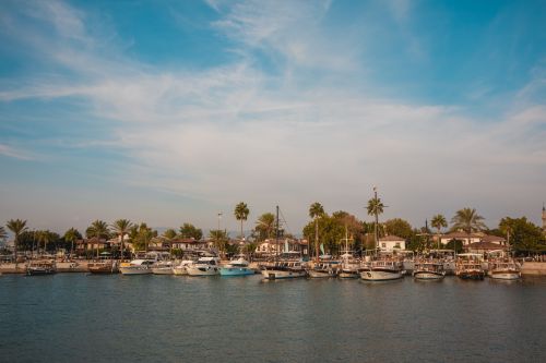 Free Picturesque view of boats moored at the marina in Side, Antalya, Türkiye under a clear sky. Stock Photo
