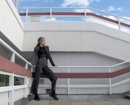 Fashion model posing stylishly outdoors against modern architectural backdrop. Perfect for urban and fashion themes.