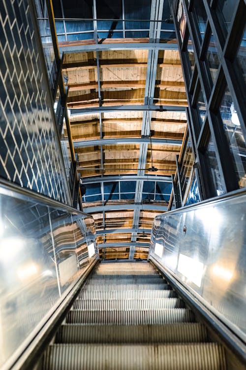 Metal Escalator and a Wooden Ceiling Structure