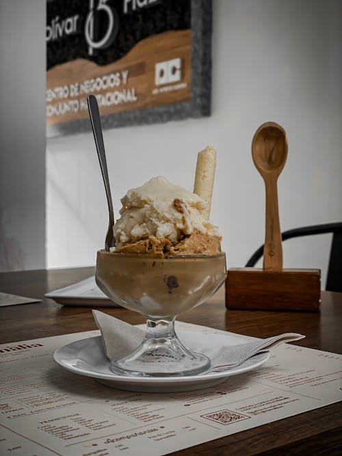 Free Ice Cream in a Glass Cup Serves in a Restaurant  Stock Photo