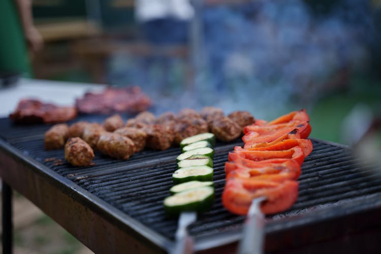 Close-up Of Meat And Vegetables On A Grill