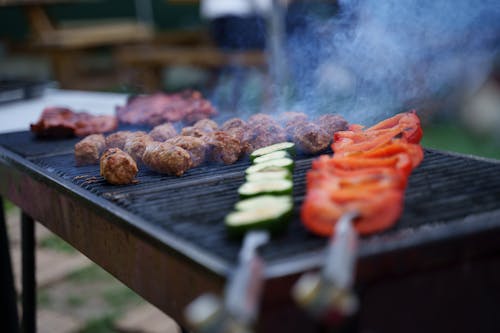 Close-up of Meat and Vegetables on a Grill