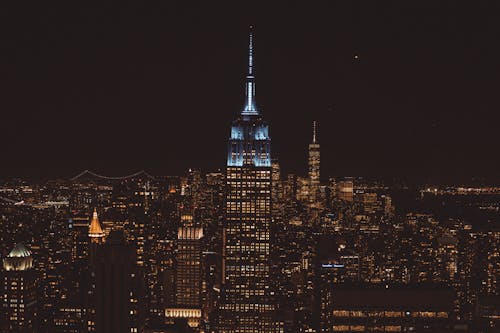 The empire state building lit up at night