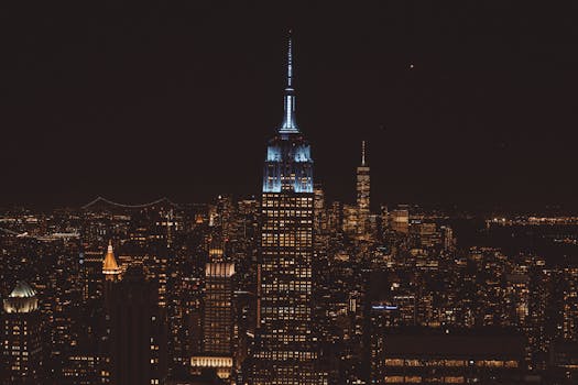 Dazzling view of the Empire State Building and New York City skyline at night.