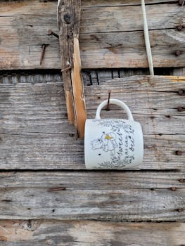 A decorative mug hangs on rustic wooden planks, adding vintage charm.