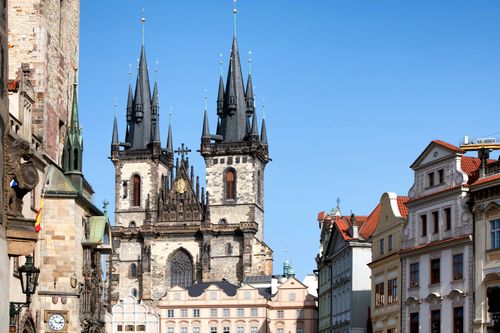 Free A striking view of the Church of Our Lady Before Tyn in Prague's Old Town Square. Stock Photo